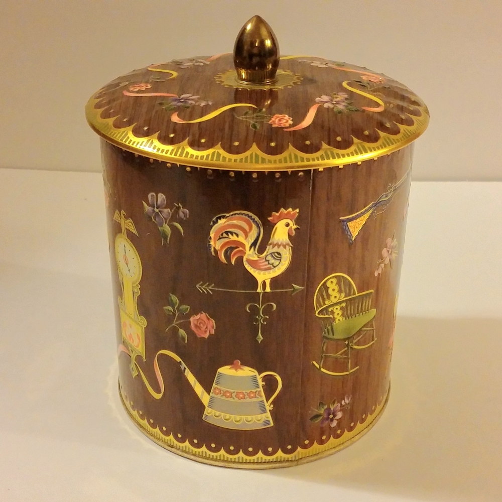 Vintage Decorative Cookie Tin with Brown and Gold Accents